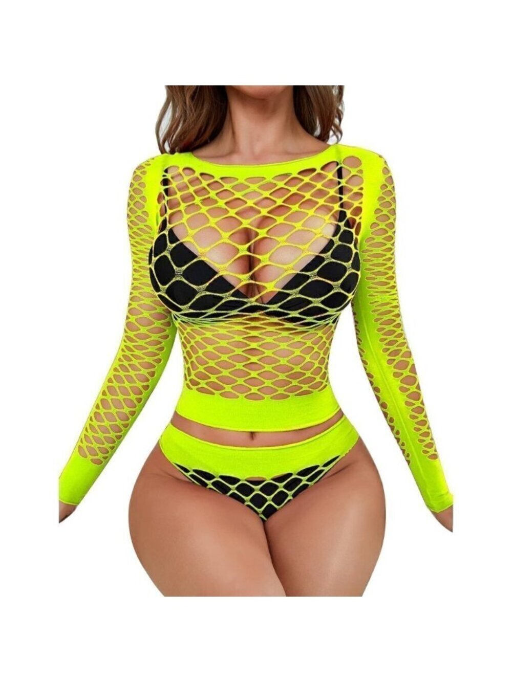 Rslove Women Sexy  Mesh Lingerie Fishnet Babydoll Free Size Bodysuit- Yellow